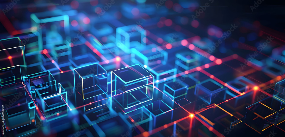 Aufkleber abstract background with neon glowing digital blocks forming an illuminated maze, symbolizing the co