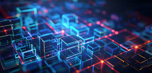 Fototapeta premium Abstract background with neon glowing digital blocks forming an illuminated maze, symbolizing the complexity of data and technology in business or science.