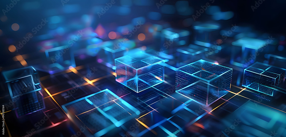 Aufkleber abstract background with neon glowing digital blocks forming an illuminated maze, symbolizing the co