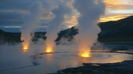 Obraz premium Geothermal Energy: Derived from Earth's internal heat, geothermal energy generates power and heating. It's a renewable resource found in volcanic and hot spring regions. 