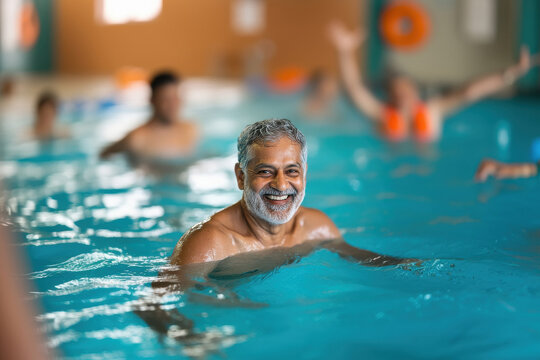 happy indian mature man swimming in the pool