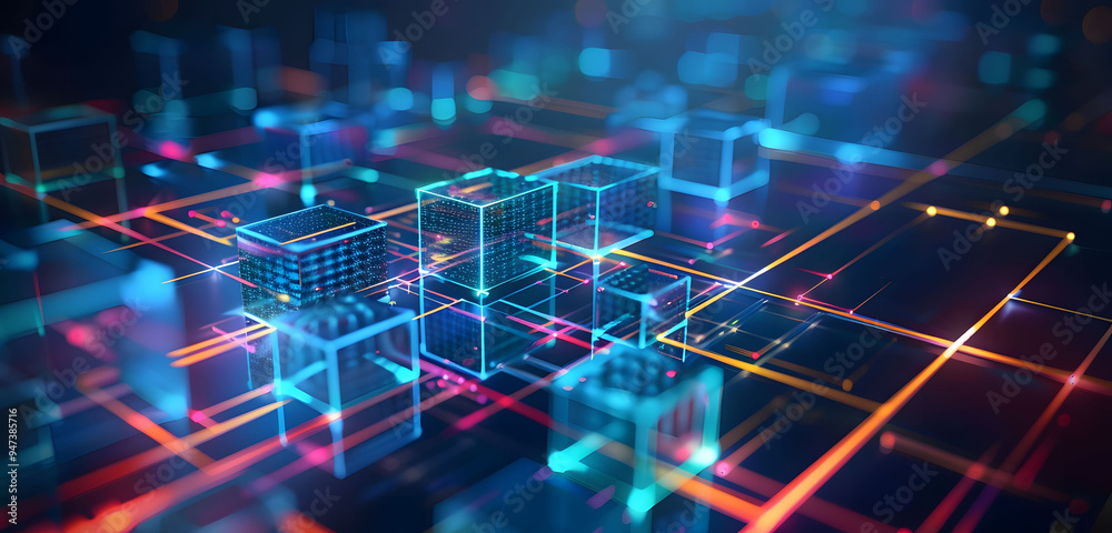 Aufkleber abstract background with neon glowing digital blocks forming an illuminated maze, symbolizing the co