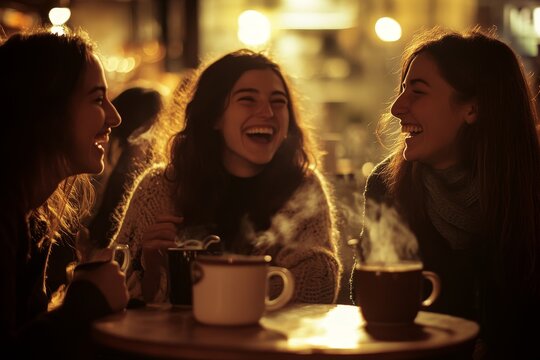 A group of friends laughing together at a cozy cafT, with steaming coffee cups and warm light, symbolizing the joy, connection, and comfort of close friendships