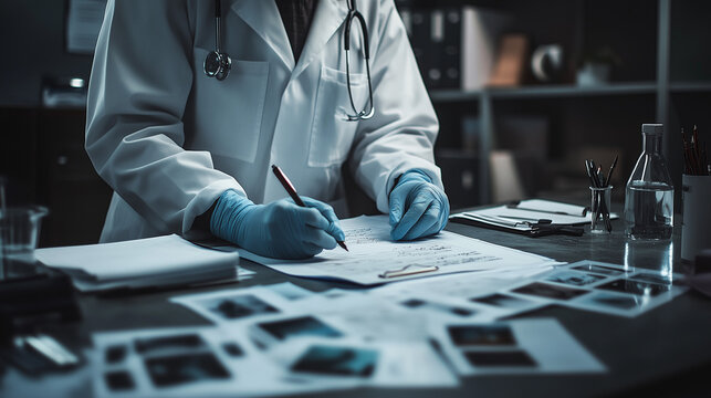 a forensic doctor is writing a case report at a table with many documents, Ai generated Images
