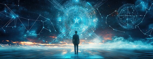 Business planning with astrology, Zodiac signs with business advice, star-filled sky