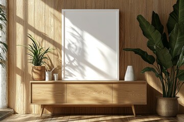 Poster Frame Mockup on Wooden Interior Background created with Generative AI