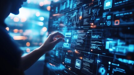 Hands of businessman working at big screen full of business data chart and graph hologram buttons