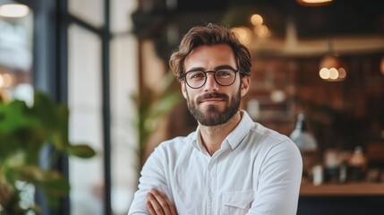Fototapeta premium Portrait of businessman in white shirt cross hands smiling eyeglasses beard in office near window