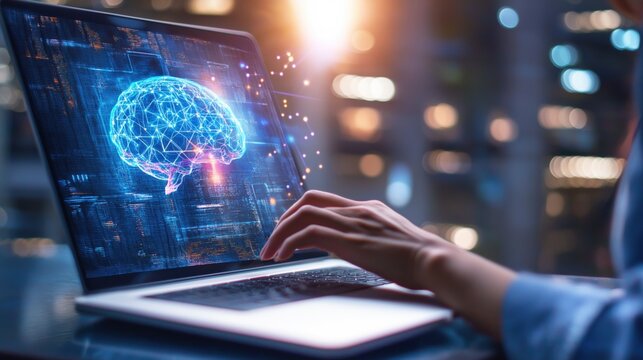Hand of businessman working at laptop with hologram of AI Artificial Intelligence brain on screen