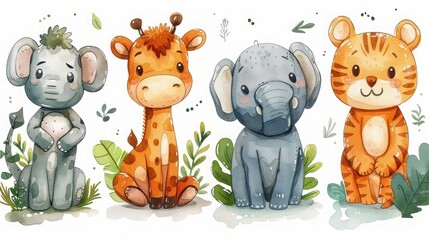 Naklejka premium Adorable Hand-Drawn Set of Friendly Wild Animals - Tiger, Hippo, Zebra, Elephant, Crocodile - in Doodle Pattern Vector Illustration