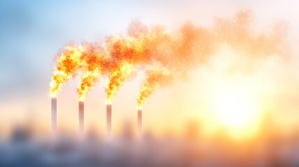 Obraz premium Industrial smokestacks emitting flames and smoke into the air, creating a striking visual of energy production and pollution.