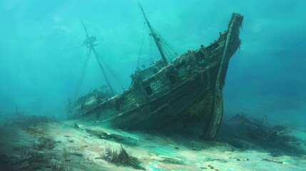 Fototapeta premium An Old Wooden Shipwreck Lies on the Ocean Floor