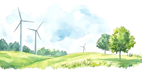 Beautiful watercolor landscape featuring wind turbines amidst lush greenery and a serene sky, symbolizing renewable energy and nature.