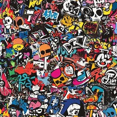 Obraz premium Seamless pattern of graffiti stickers and posters on walls