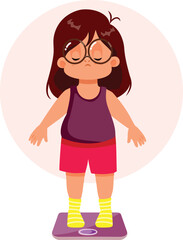 Sad Overweight Girl Weighing Herself Vector Illustration. Upset kid suffering from child obesity disorder being unwell
