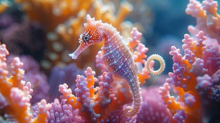 Naklejka premium Colorful Coral Dance: Delicate Seahorses Entwined