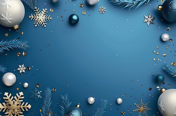 Fototapeta premium Blue background with Christmas decorations, stars, and snowflakes in the corners 