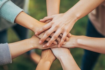 A close-up of friends? hands stacked together in unity, symbolizing the strength, support, and trust that define true friendship