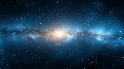 Naklejka premium Stunning view of a galaxy illuminated by a bright core, surrounded by deep blue space filled with countless stars.