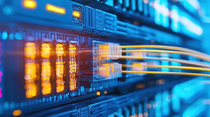 Server Rack with Yellow Network Cables and Blue Lights