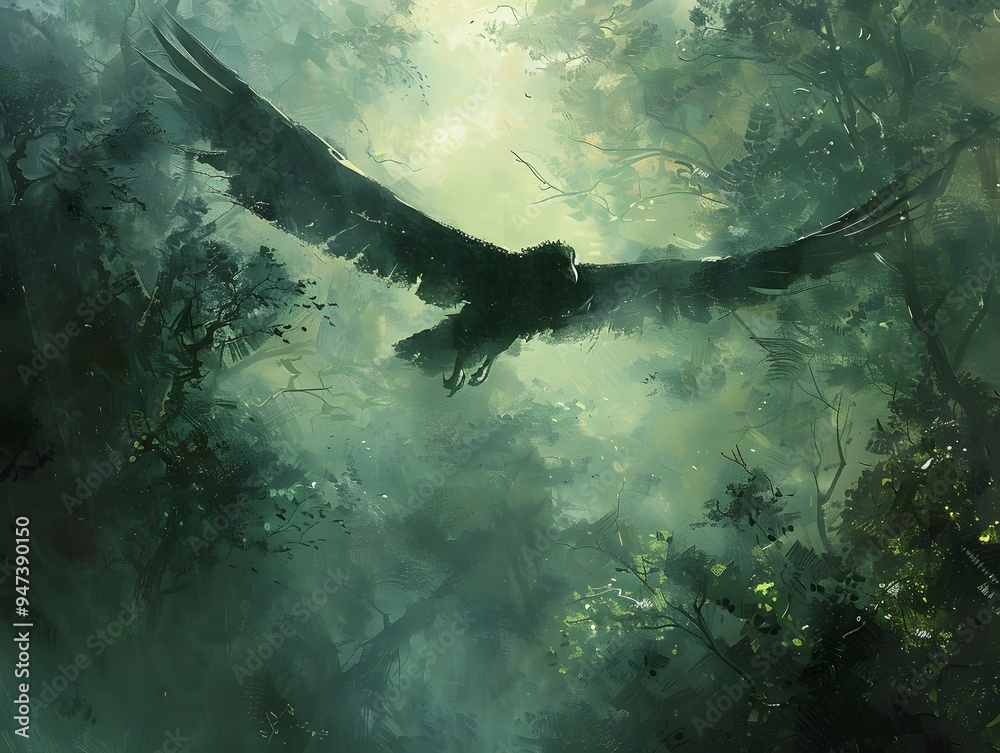 Poster raven flying through misty forest.