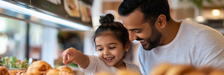 Obraz premium happy indian father and daughter standing at snack counter
