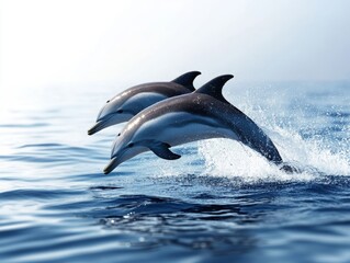 Fototapeta premium Two dolphins gracefully leap from the tranquil ocean surface, showcasing their playful nature and agility in a serene marine setting.