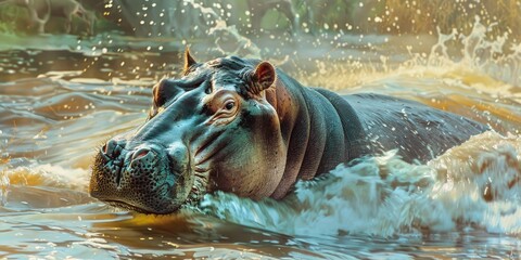 Hippopotamus getting ready to dive into a rushing stream