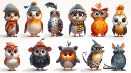 Cute Cartoon Animal Avatars in Funny Hats: Penguin, Cow, Mouse, Giraffe, Owl, Sheep, Frog, Snake, Parrot - Vector Illustration