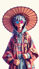TEENAGE BOY IN AN OVERSIZED HARAJUKU COSTUME, ROUND GLASS, full body, minimalism cartoon style 6