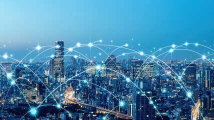 Night Cityscape with Digital Network Connections