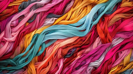 Vibrant Textile Fusion: Artistic Intertwining of Pink, Teal, Saffron, and Crimson Fibers – Perfect as a Statement Poster for Modern Sports Interiors and Creative Spaces