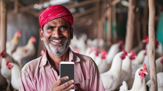 happy indian poultry farmer standing at farm
