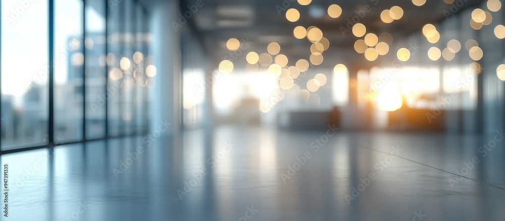 Poster 3d rendering of a blurred empty office space with abstract light bokeh in the interior background
