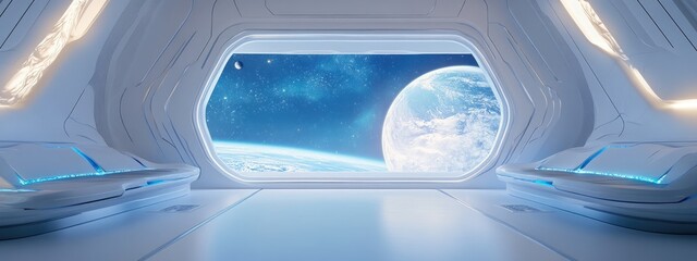 Futuristic interior of a white and blue spaceship featuring a window view of space and planets in 3D rendering