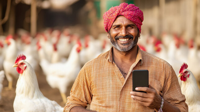 happy indian poultry farmer standing at farm