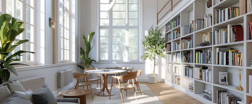 dinning area in luxury modern design of a cozy small Scandinavian-style studio apartment with white walls, second floor with a library and huge high window