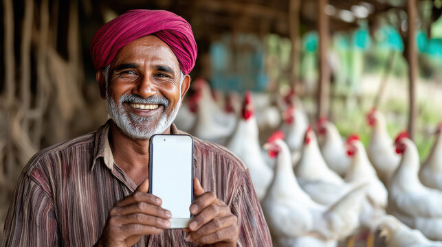happy indian poultry farmer standing at farm