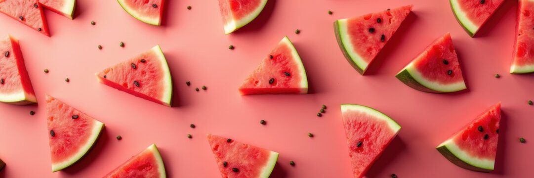 Fresh watermelon slices arranged on a pink background, perfect for summer-themed designs, food promotions, or health and wellness content.