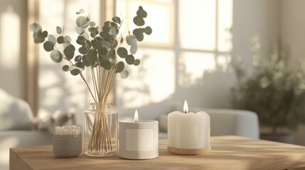 3D rendering of eucalyptus branches aromatic reed air freshener and candles arranged on a wooden table as a living room interior element