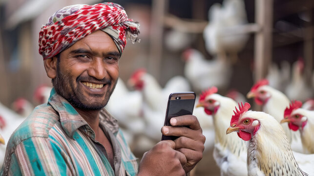 happy indian poultry farmer standing at farm