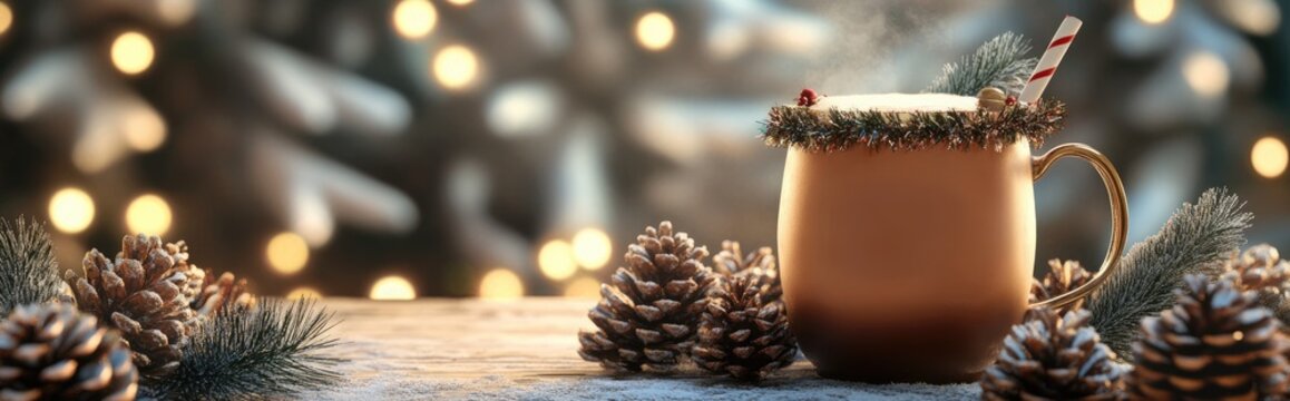 3D rendering of a mug filled with hot punch adorned with pine cones and festive garlands