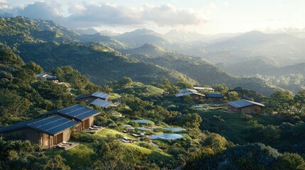 Fototapeta premium Sustainable Eco Friendly Village with Solar Panels and Mountain View
