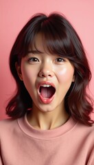 Vibrant portrait of a young woman with an expressive facial reaction, perfect for showcasing emotions in marketing, social media, or personal branding.