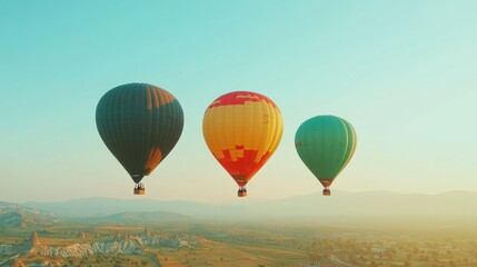 Fototapeta premium Colorful hot air balloons floating gracefully in a clear sky during sunrise, offering a picturesque aerial view of the landscape.