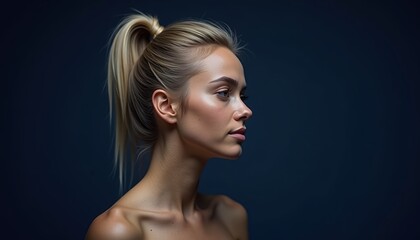 Naklejka premium Captivating profile portrait of a woman with a sleek ponytail, showcasing beauty and elegance against a dark backdrop.