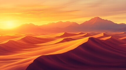 Naklejka premium Serene Sunset Over Sweeping Desert Landscape with Distant Mountains