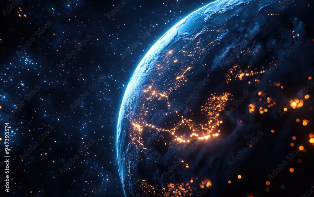 Poster Nightly Earth depicted in outer space through 3D cartoon rendering Abstract wallpaper showcasing city lights and civilization on the planet