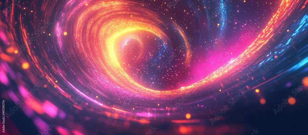 Poster Abstract bright creative cosmic background with a 3D cartoon rendering featuring a hyper jump into another galaxy Neon glowing twisted lines in motion beautiful swirls colorful vortex and falling s