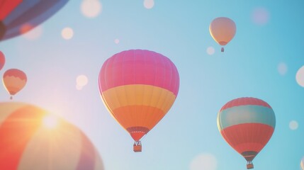 Fototapeta premium Colorful hot air balloons soaring in a clear blue sky, creating a serene and joyful atmosphere during a beautiful day.